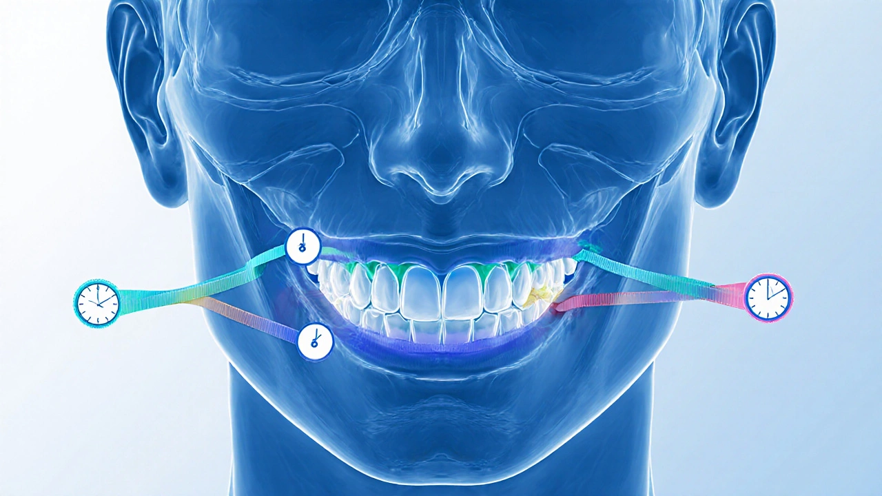 Přehledový náčrt čelisti s elastickými pásy ukazujícími sílu v čase.