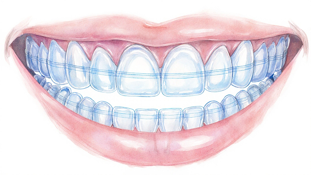 Přesný náčrt elastických gumiček spojujících horní a dolní zuby s jemnými silovými čarami.