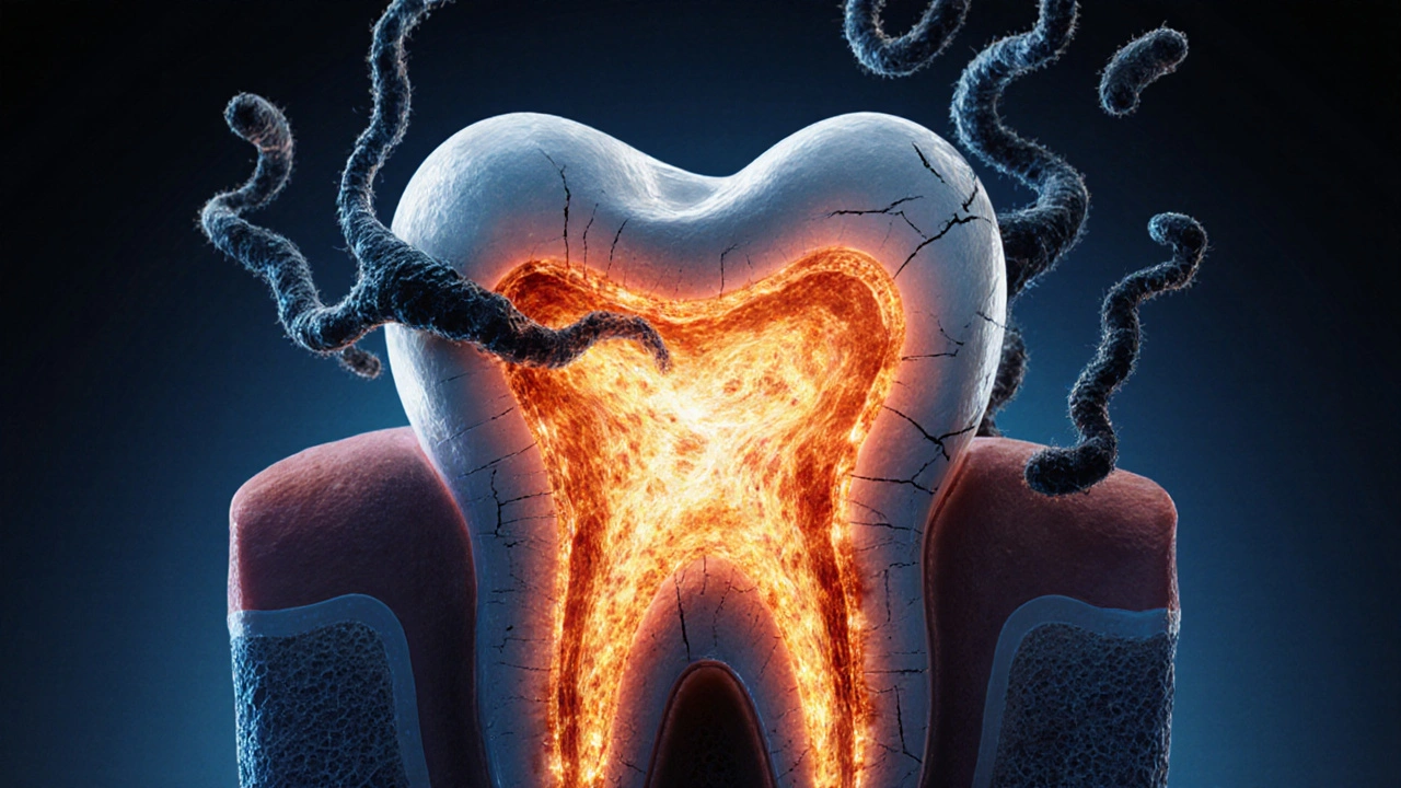 Příčný řez zubem s upalovanou pultou a šířícími se bakteriemi.