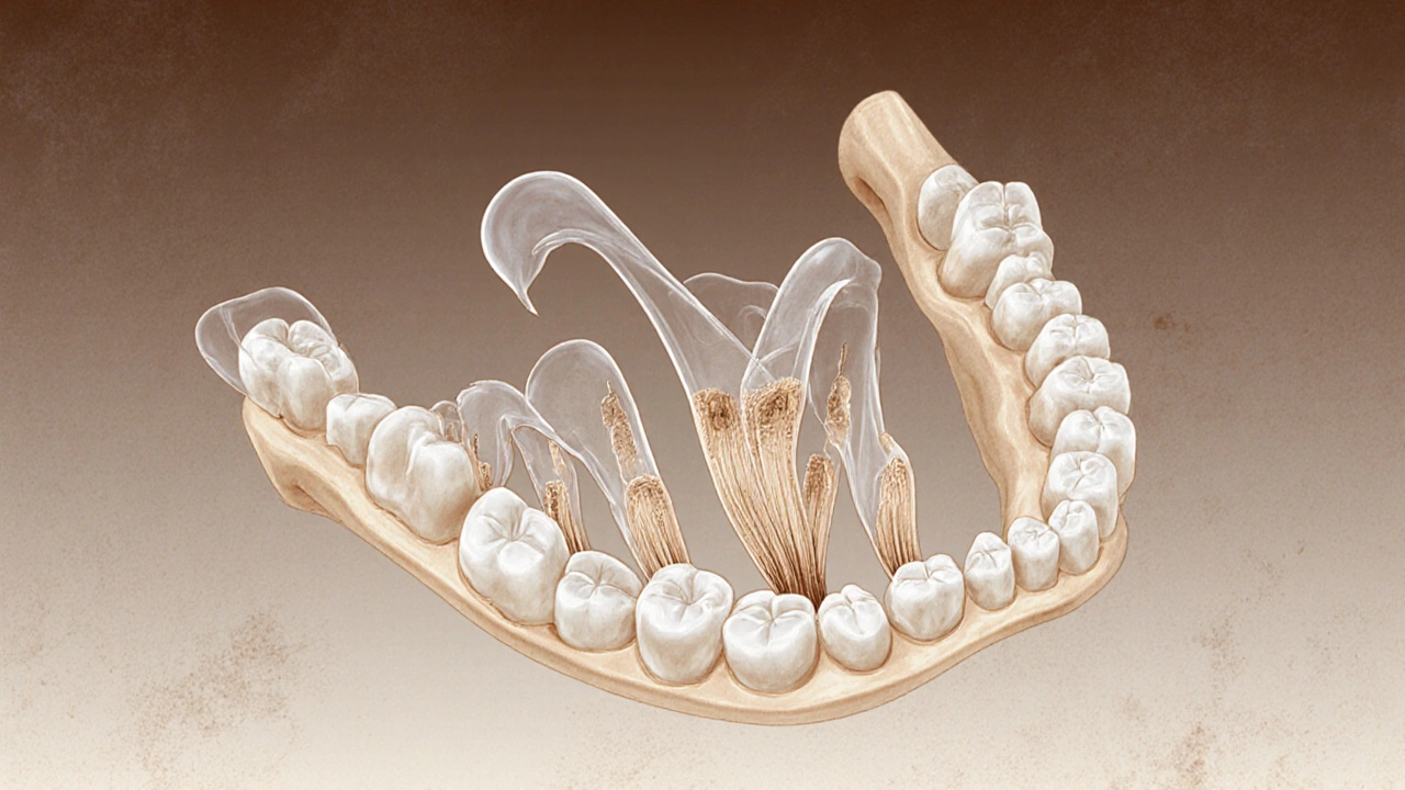 Průřez čelisti s dlouhými kořeny špičáků, viditelnými pod dásněmi.