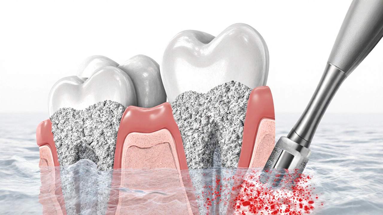 Průřez zubu a dásně s kamenem na kořenu a odstraňováním skálou