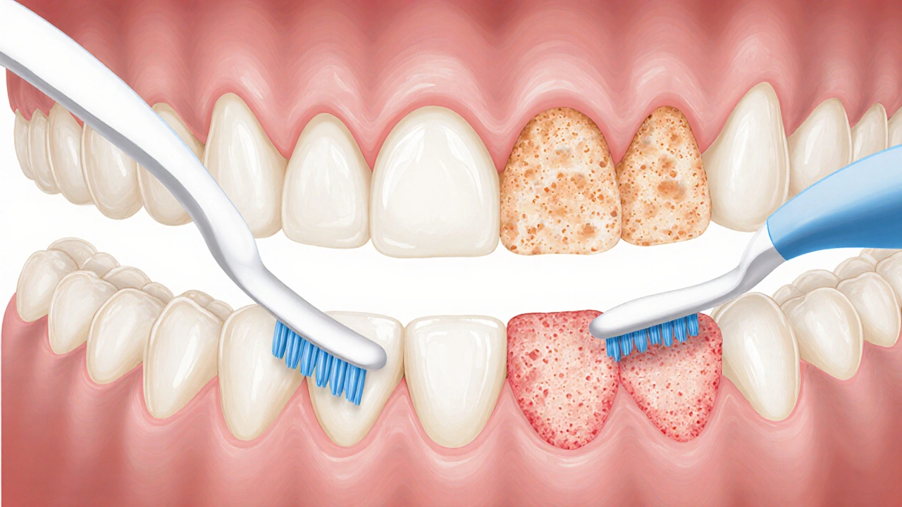 Průřez zubů s plakem a správně i špatně používaným mezizubním kartáčkem.