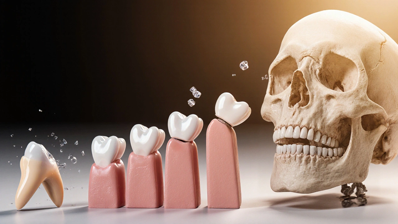 Řetězová reakce křivých zubů vedoucích k ztrátě zubů a bolesti, přeměněná na nápravu a obnovu zdraví.