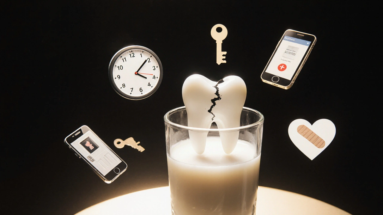 Rozštěpený zub v mléce s ikonami nouzové pomoci.