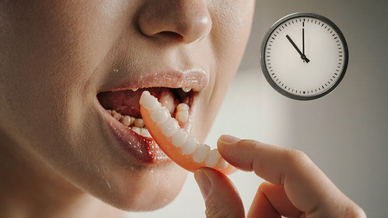 Ruka jemně přitlačuje protézu na dásně, s časem 5 minut na pozadí.