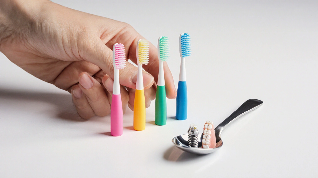 Sada mezizubních kartáčků různých velikostí s implantáty a ortodontickými zařízeními.