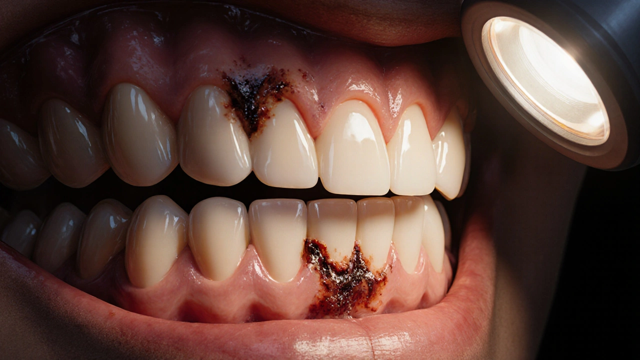 Špatně přizpůsobená protéza stlačující dásně a způsobující ničení kosti.