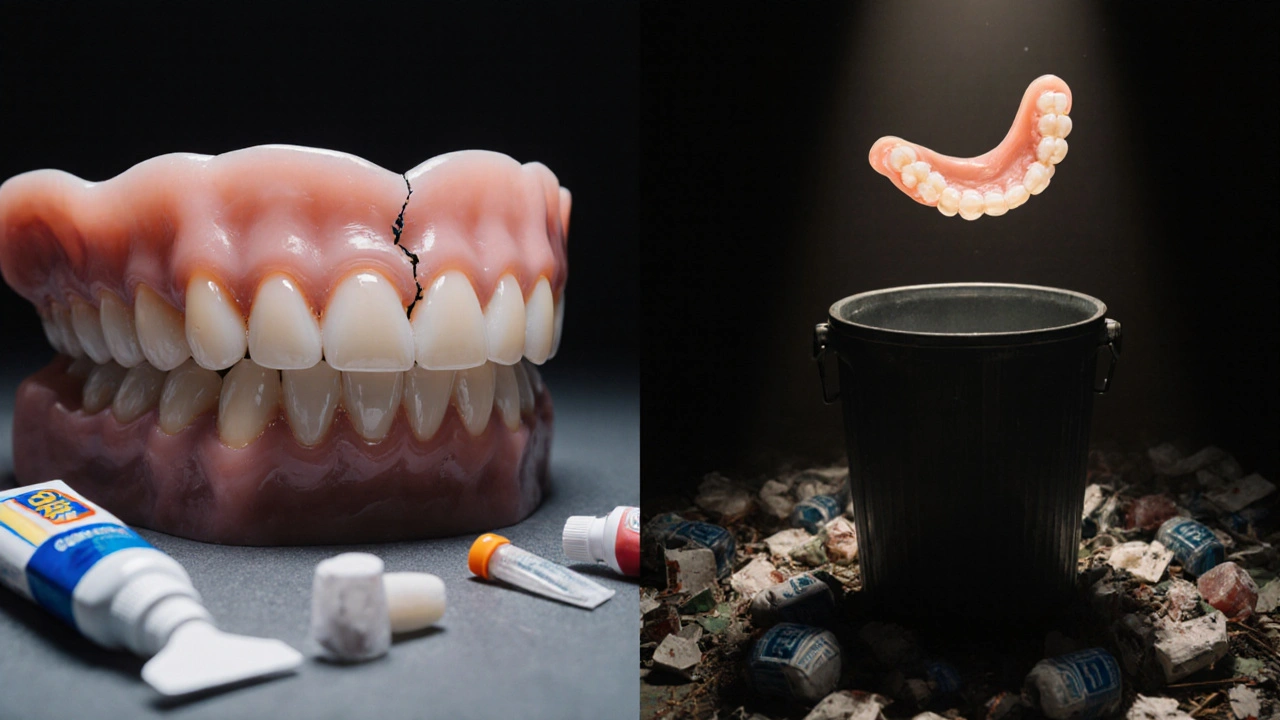 Správně nalepená protéza vs. poškozená protéza v koši s nevhodným lepidlem.