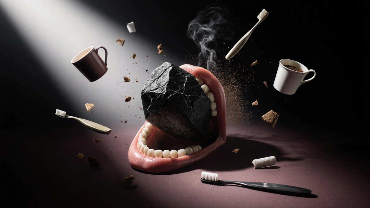 Symbolický obraz zubního kamene jako kamenitého křehkého útvaru v ústech s příznaky špatné hygieny.