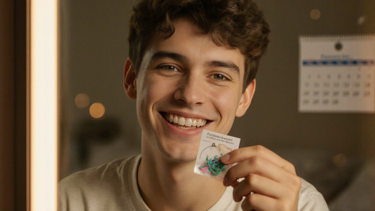 Teenager se usmívá do zrcadla s rovnátky a gumičkami, drží náhradní gumičky.