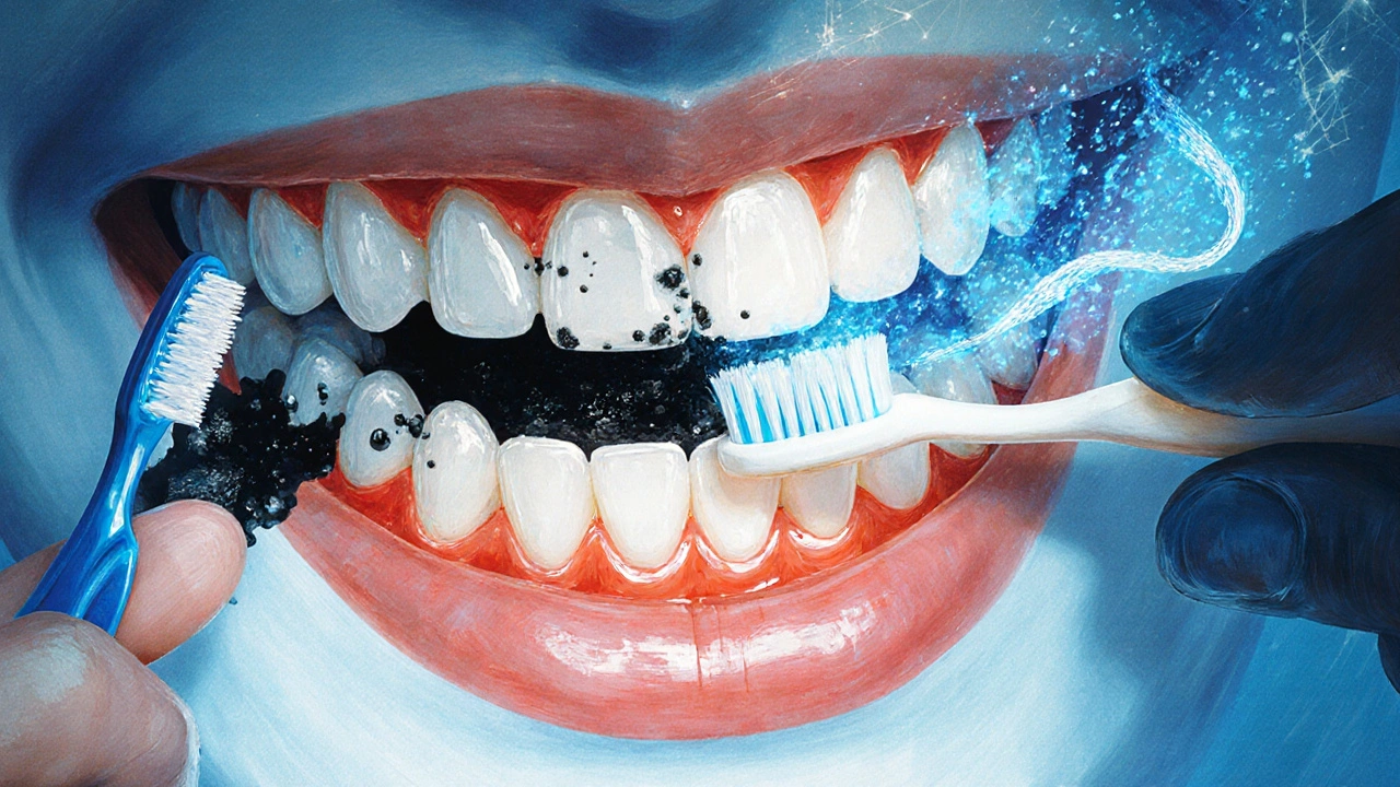 Temný biofilm se mění v tvrdý kámen, zatímco zuby získávají lesk.