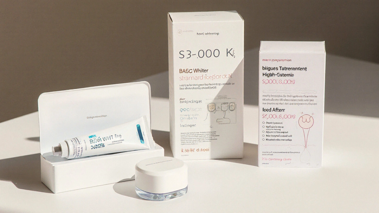 Three dental whitening packages displayed with gel, LED lamp, and custom trays.