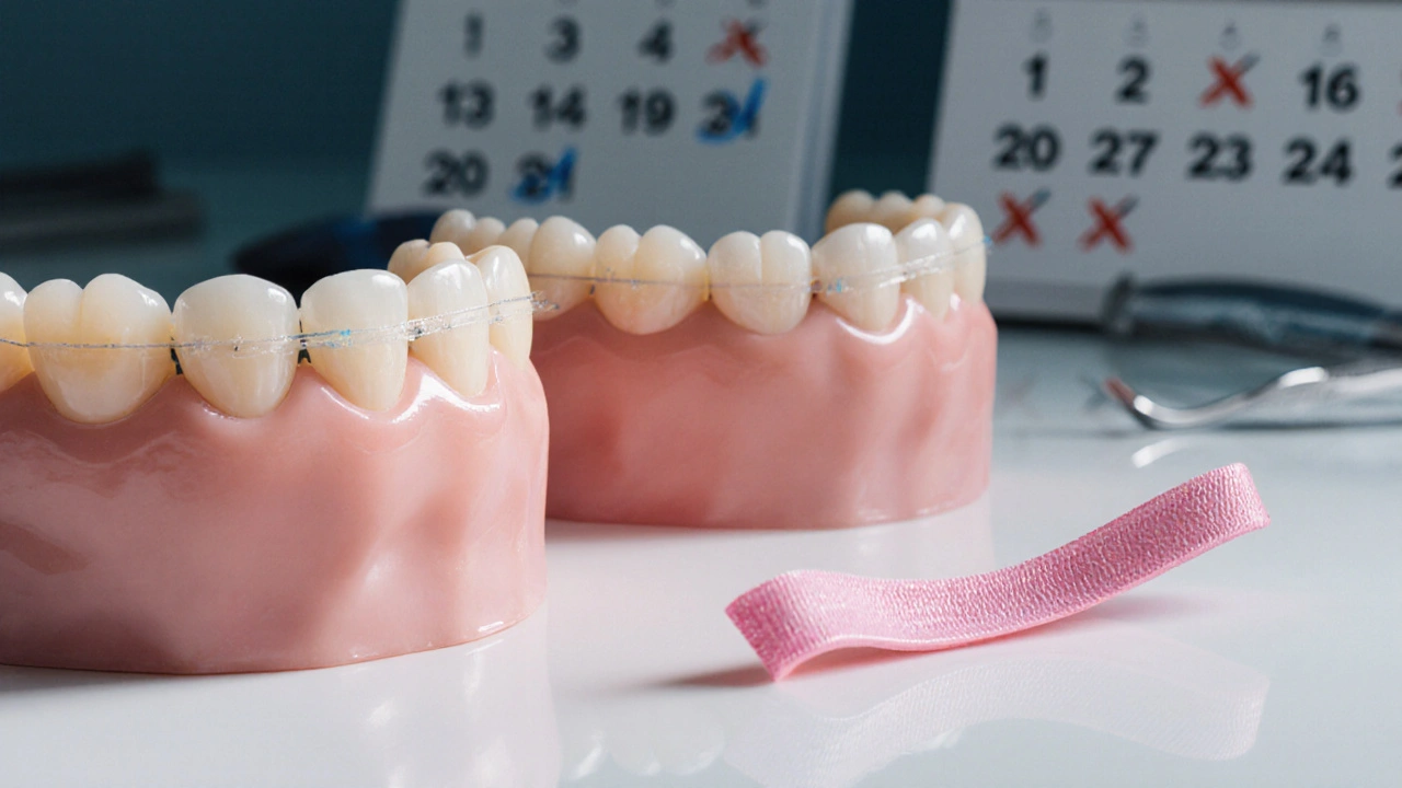 Tři gumičky na rovnátkách v různých stádiích opotřebení.