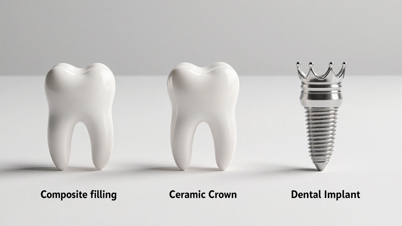 Tři typy oprav předního zubu: kompozitní výplň, keramická korunka a implantát s korunkou.