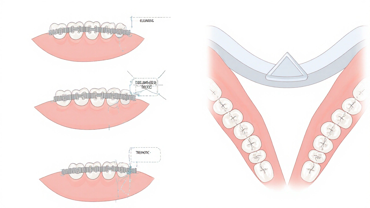 Tři typy ortodontických gumiček působících na zuby ve třech rovinách.
