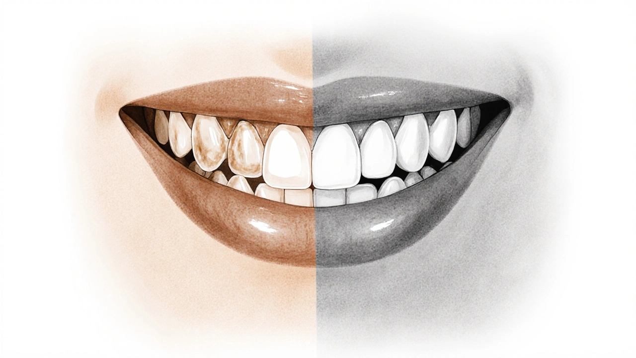 Two teeth side by side: one with surface stains fading, one with deep internal discoloration