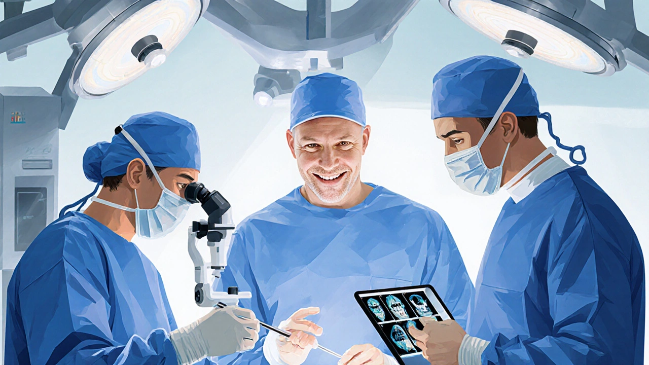 Tým lékařů v operačním sále pracuje s 3D skenem čelisti a mikrochirurgickými nástroji.