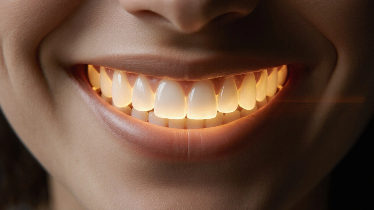 Úsměv s zlatým zářením vycházejícím ze špičáků, které tvoří křivku úsměvu.