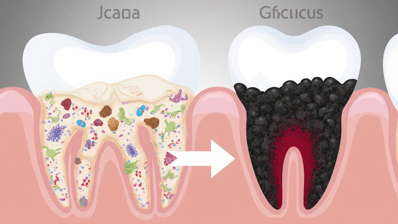 Vnitřní vrstvy zubního plaku přeměněné na tvrdý černý kámen s vysvětlením příčin.