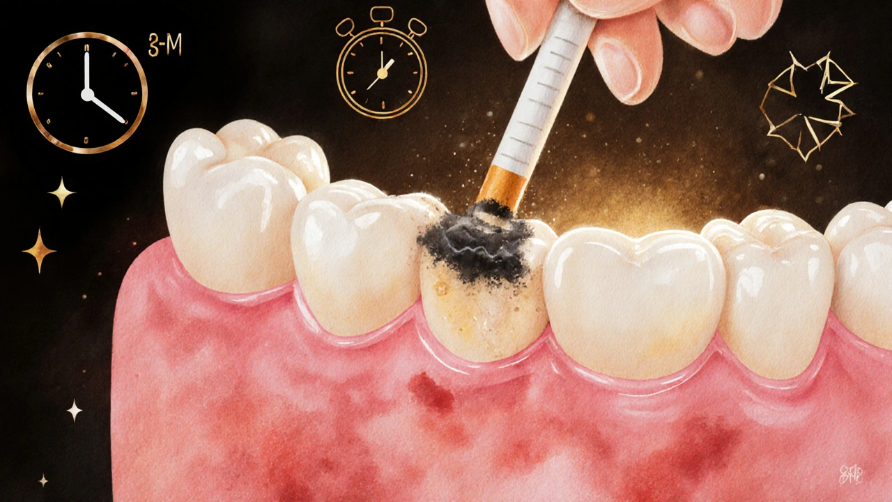 Zdravá dásňová tkáň se obnovuje, zubní kámen je odstraňován.