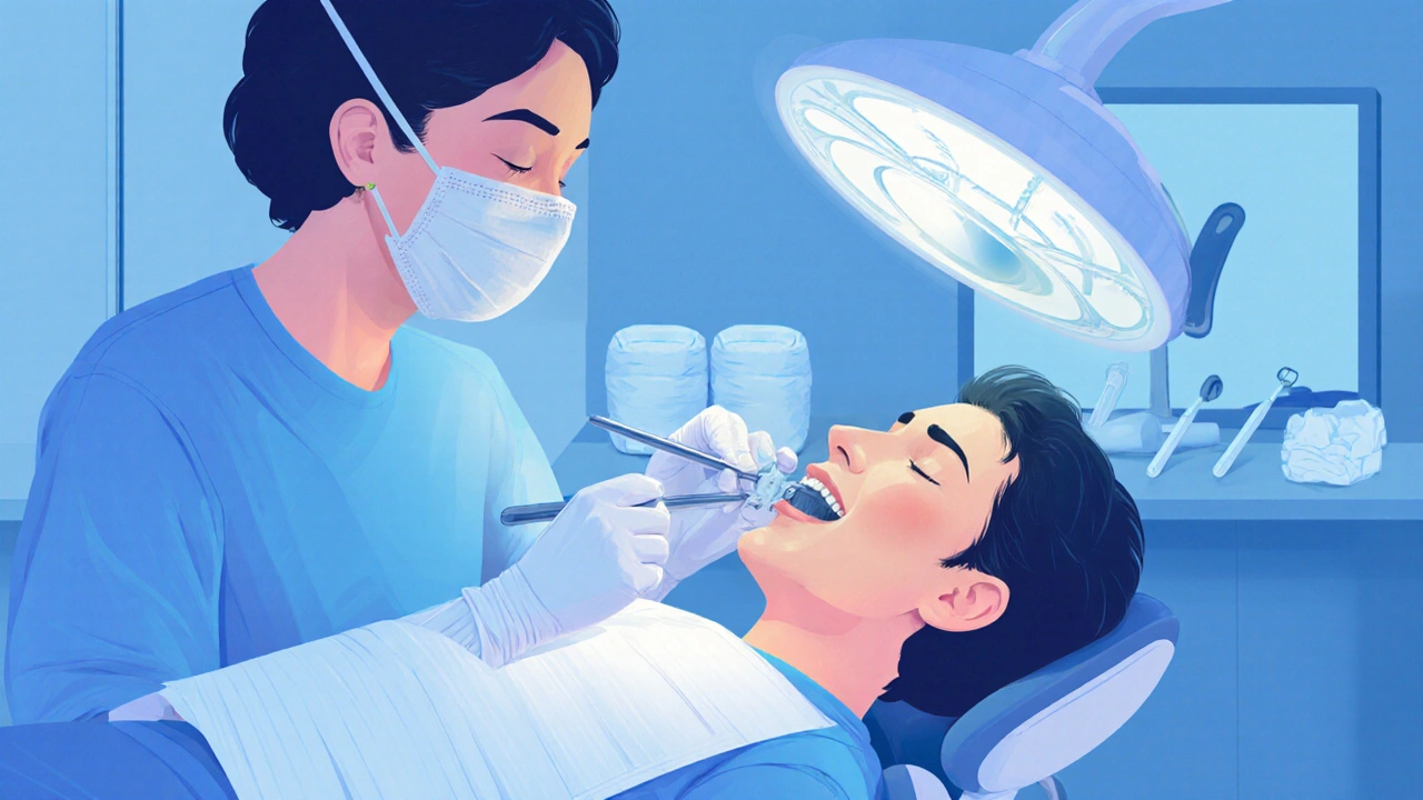 Zubař provádí kyretáž pod dásní za lokální anestézií.