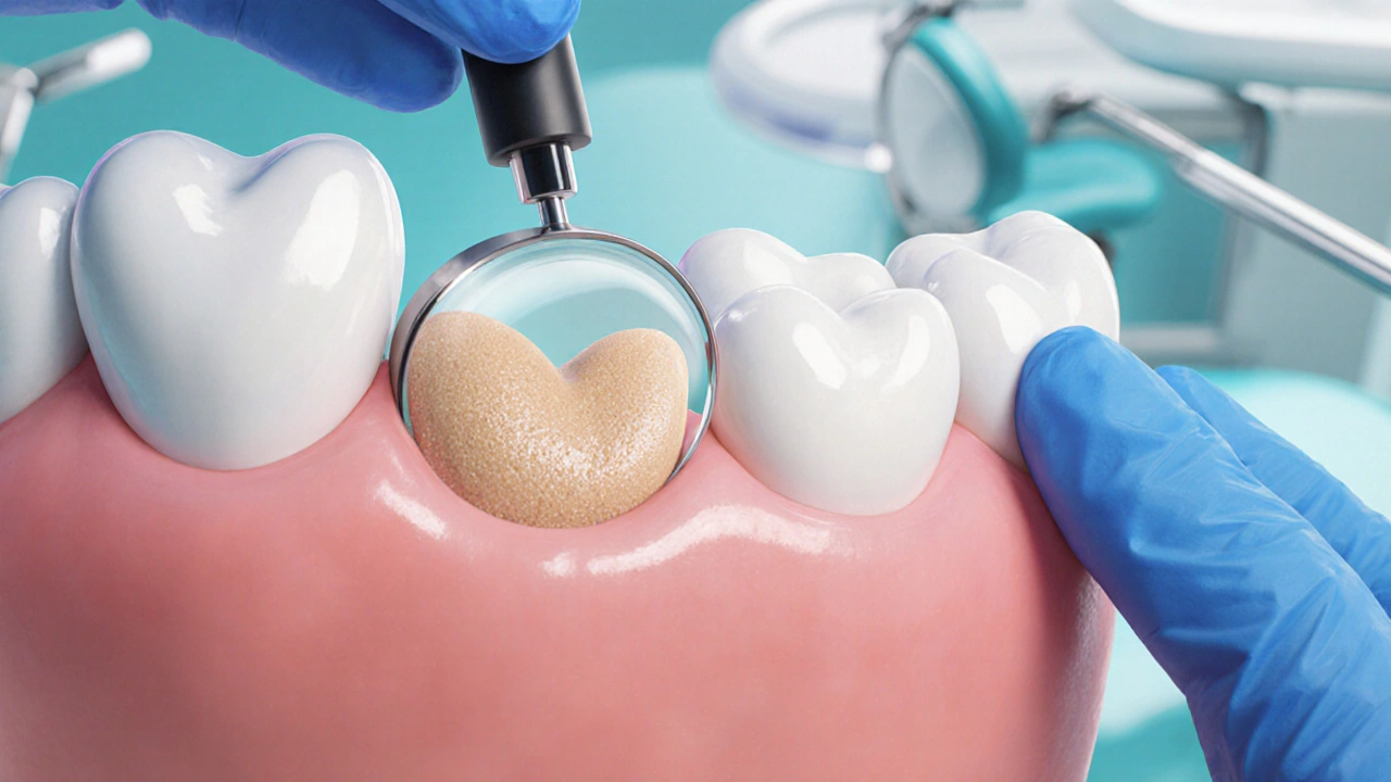 Zubní lékař aplikuje kompozitní výplň na přední zub s přesnou barvovou shodou.