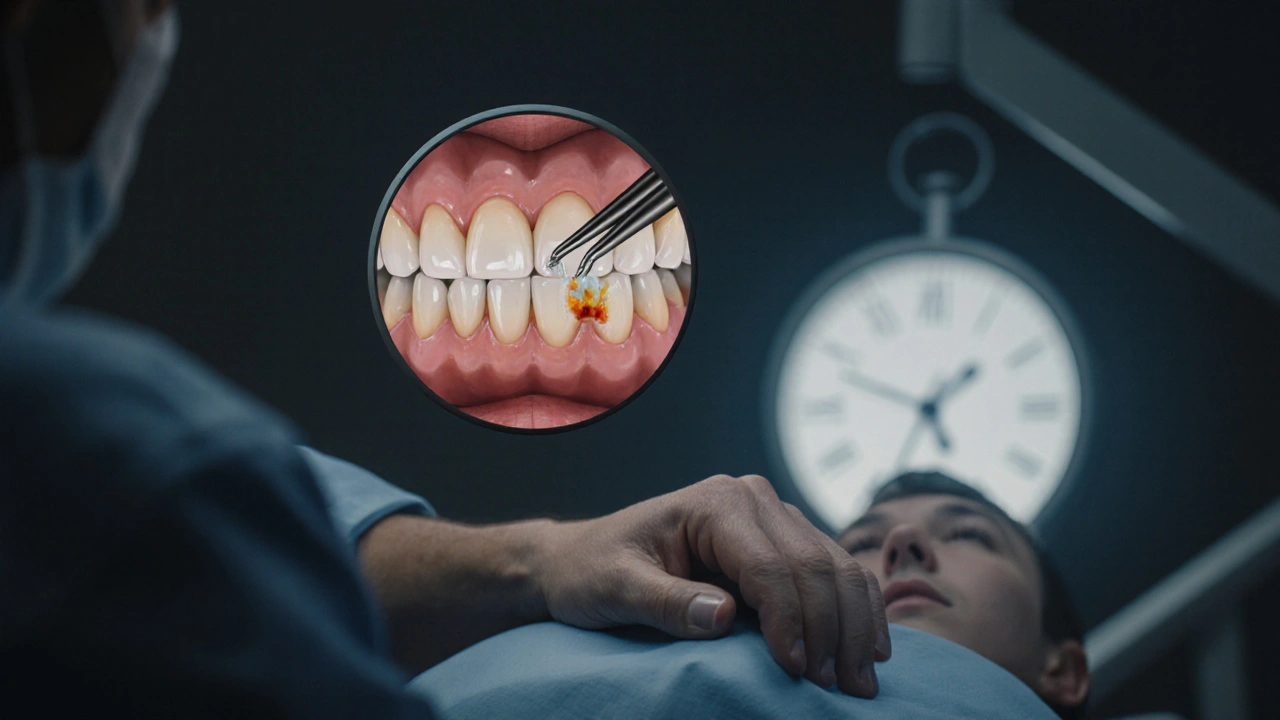 Zubní lékař provádí léčbu kořenového kanálku předního zubu v noci.