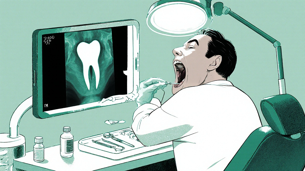 Zubní lékař provádí nouzovou prohlídku s rentgenem.