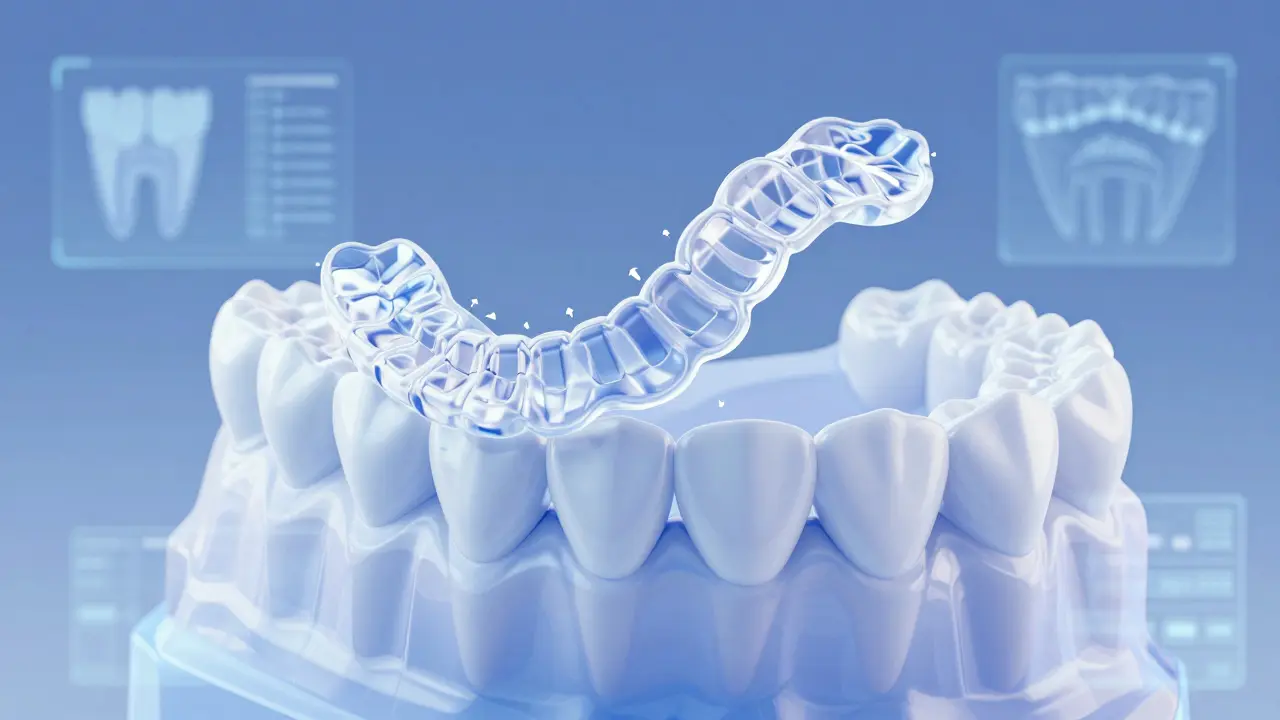 3D digitální model zubů pohybujících se pomocí průhledných rovnátek.