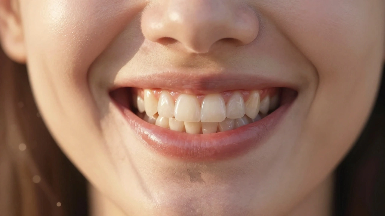A person smiling with perfect, natural-looking ceramic veneers on front teeth.