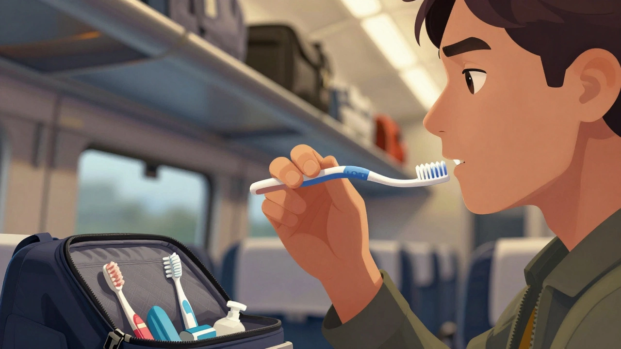 Cestovatel používá ohebný mezizubní kartáček v vlaku mezi zuby.