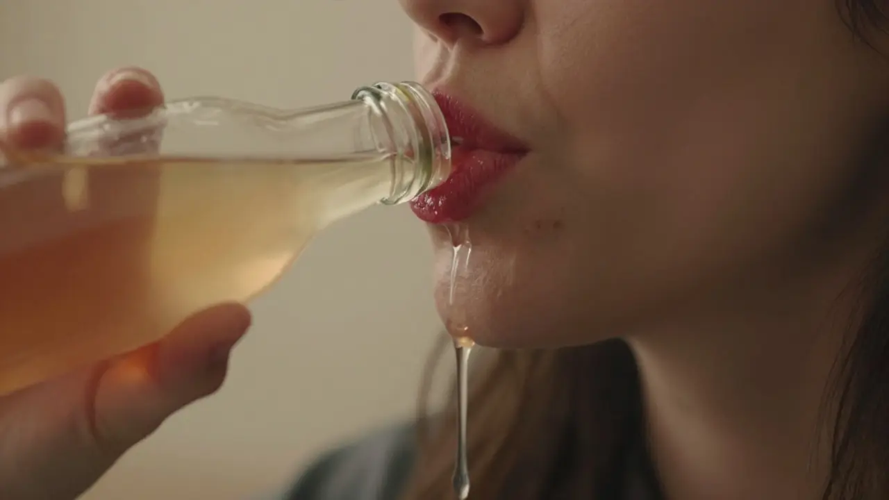 Člověk pije sladký nápoj, kde tekutina ovlivňuje dolní řezáky a dásně.