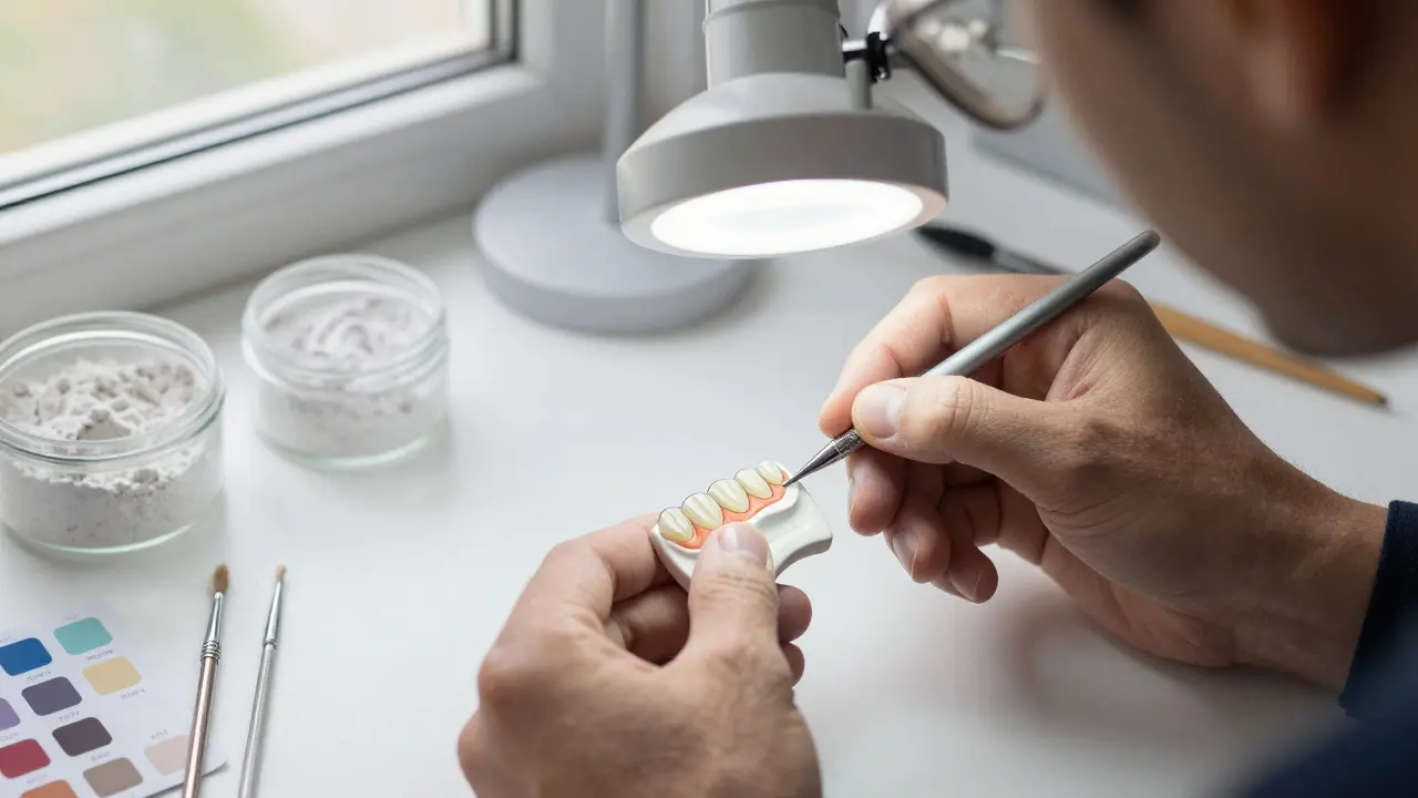 Dental technician carefully shaping a ceramic veneer under a magnifying lamp.