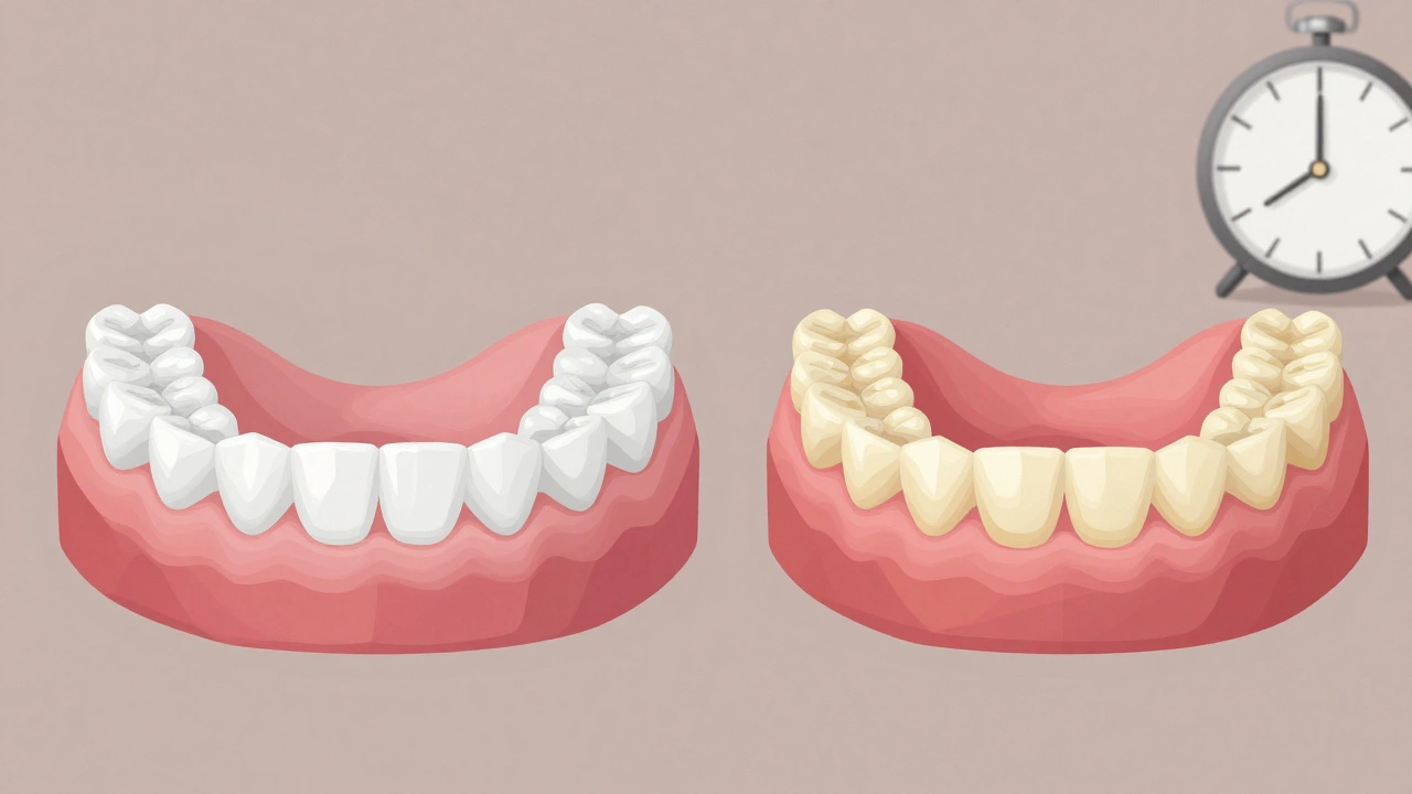 Dva sady zubních protéz: jedna nová a pevně sedící, druhá opotřebovaná a volně ležící na dásních.