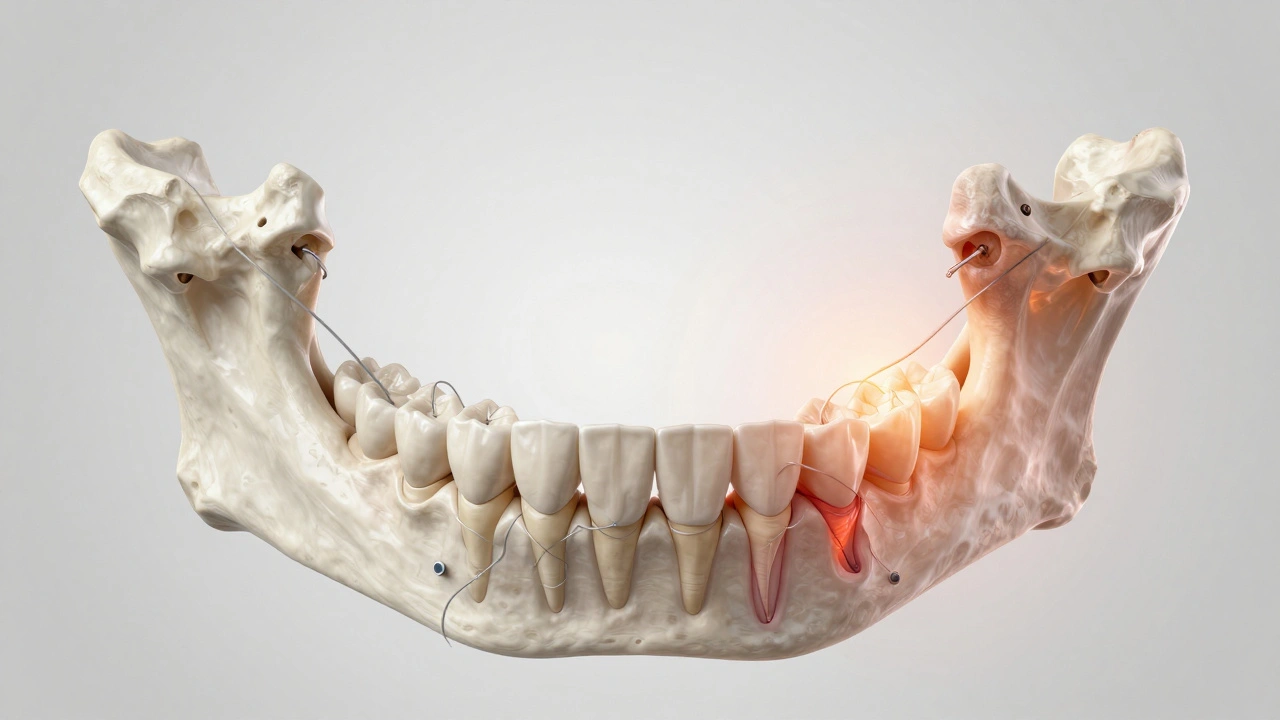 Ilustrace čelisti s viditelným zánětem a tlakem rovnátek na zuby.