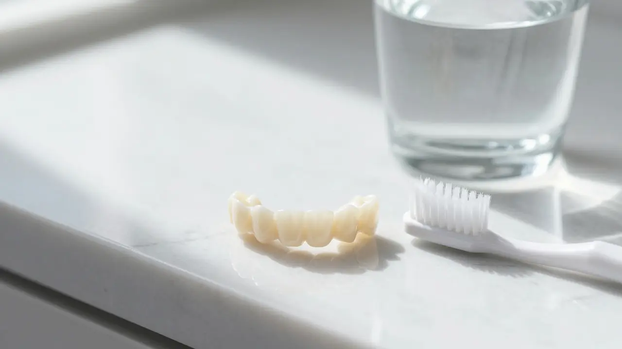 Keramická rovnátka na marmové desce vedle kartáčku a vody jako symbol čistoty a estetiky.