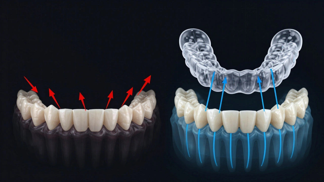 Konzepční znázornění pohybu zubů od špatného k ideálnímu zarovnání.