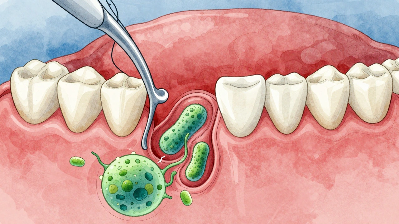 Microscopic view of bacteria in gum pockets being removed, with healthy tissue regenerating.