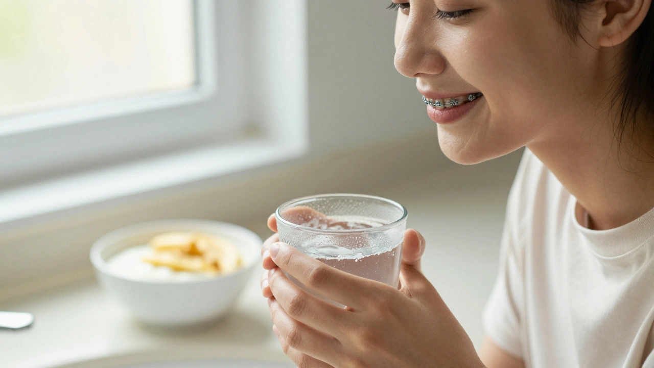 Mladý člověk se usmívá do zrcadla, drží slanou vodu, známka zotavení.