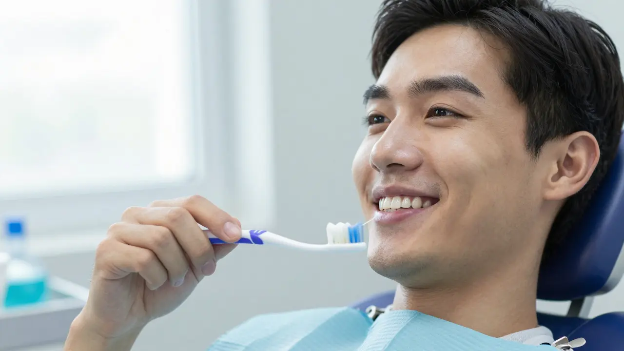 Pacient se usmívá s korunkou na zubu a ústní hygienou v ruce.