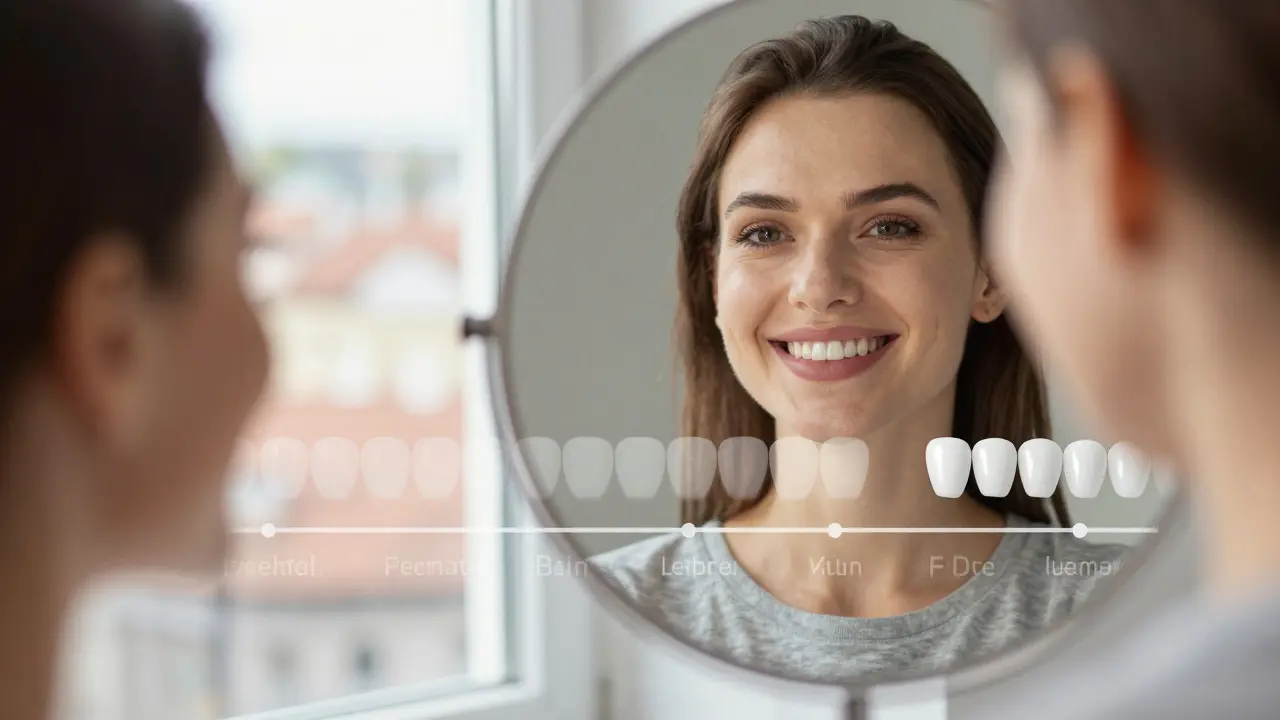 Person smiling in front of a mirror with new ceramic veneers reflecting light.