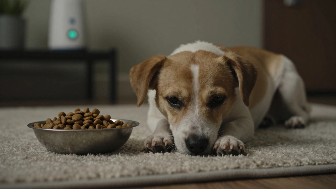 Pes klidně leží na dekě s měkkým krmivem, naznačující bolest zubů.