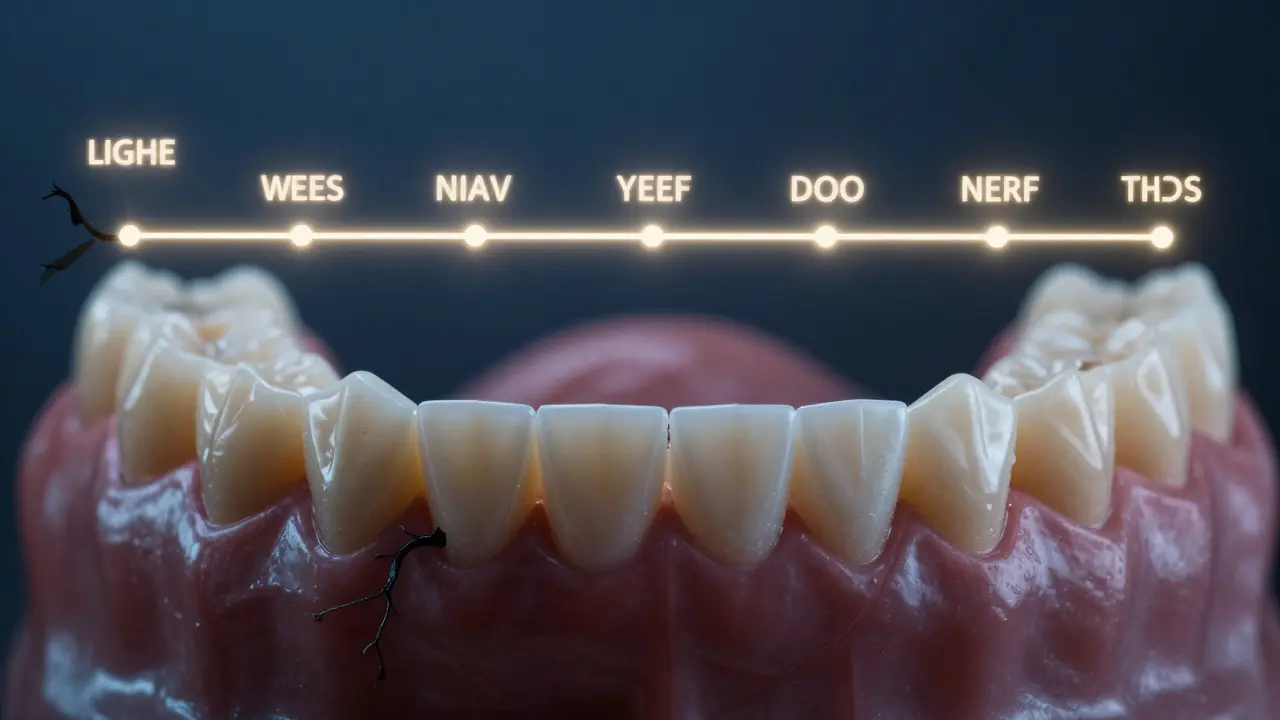 Poškozená čelist s protézou a ztrátou kosti, v kontrastu se zdravými zuby.