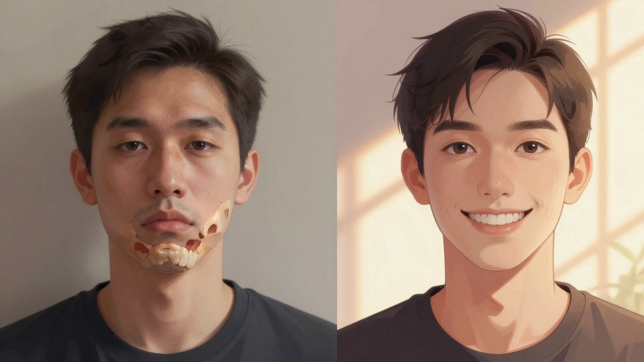 Před a po operaci čelisti: asymetrický obličej se mění na vyvážený a přirozený výraz.