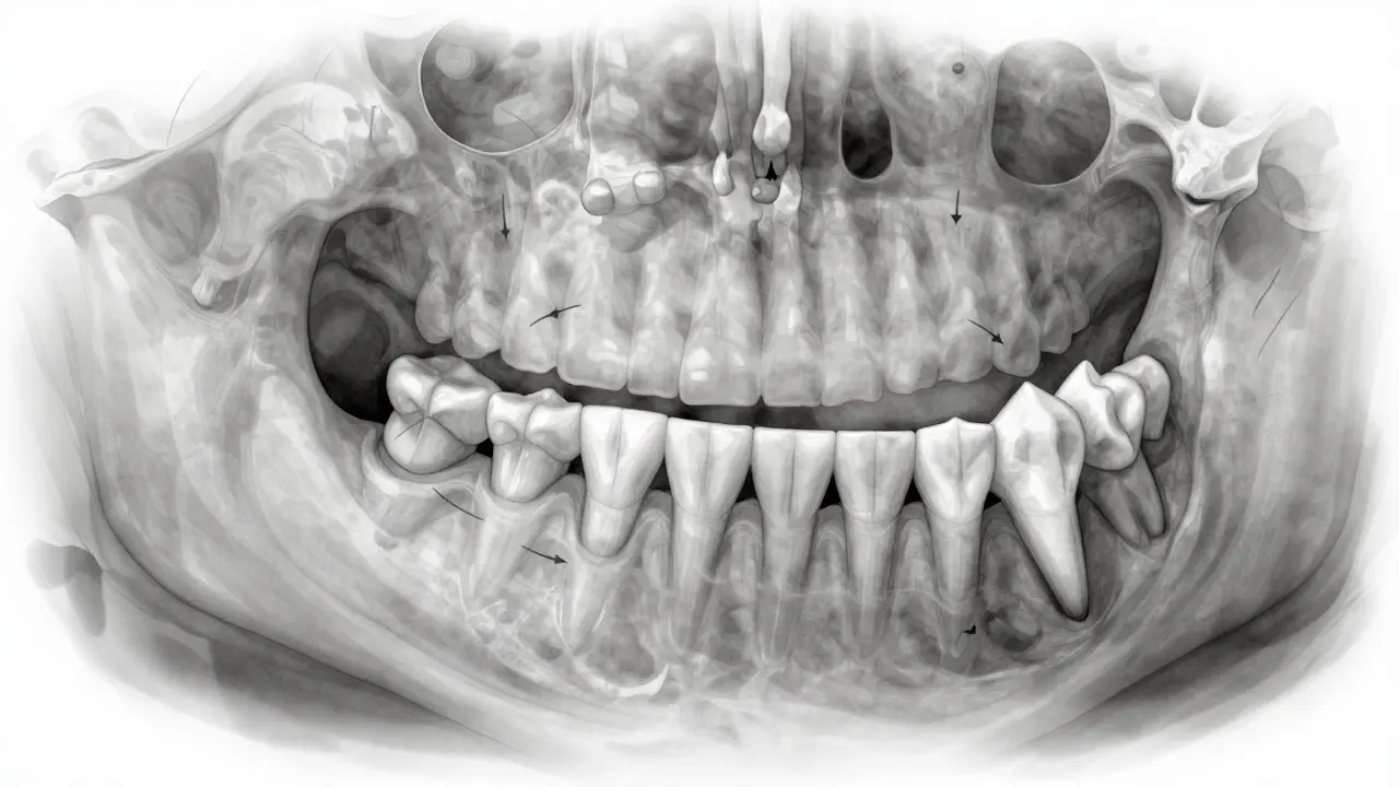 Příčinný řez čelistí s posunutými zuby do prázdného místa po ztrátě zubu.