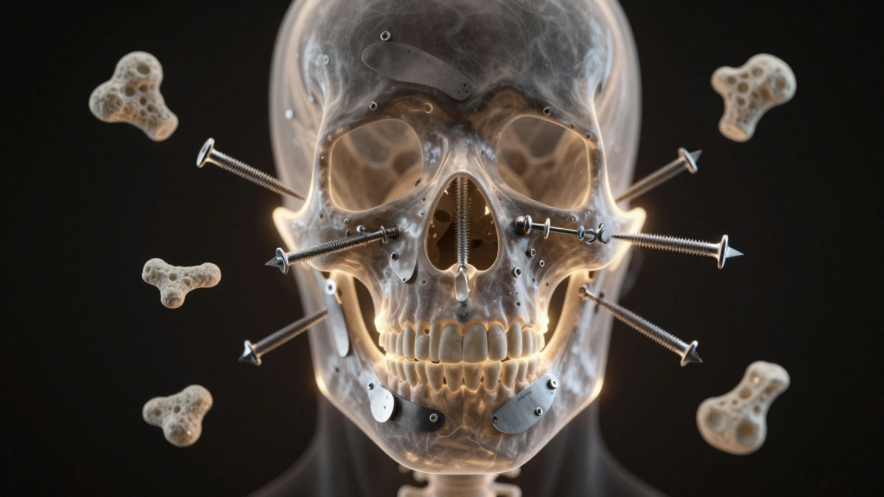 Průhledná čelist s titanovými deskami a šroubky, které svítí a udržují kosti na místě.