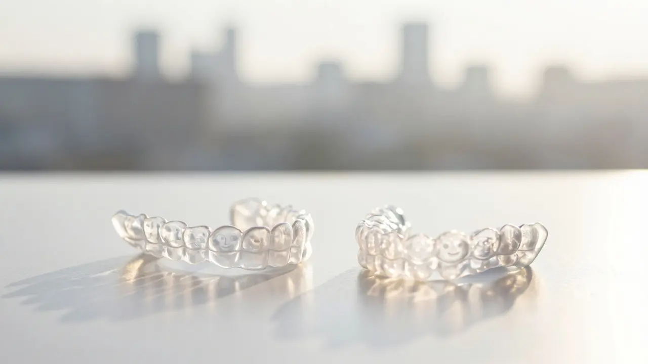 Průhledné rovnátka a retentor na bílém pozadí s odrazem úsměvu.