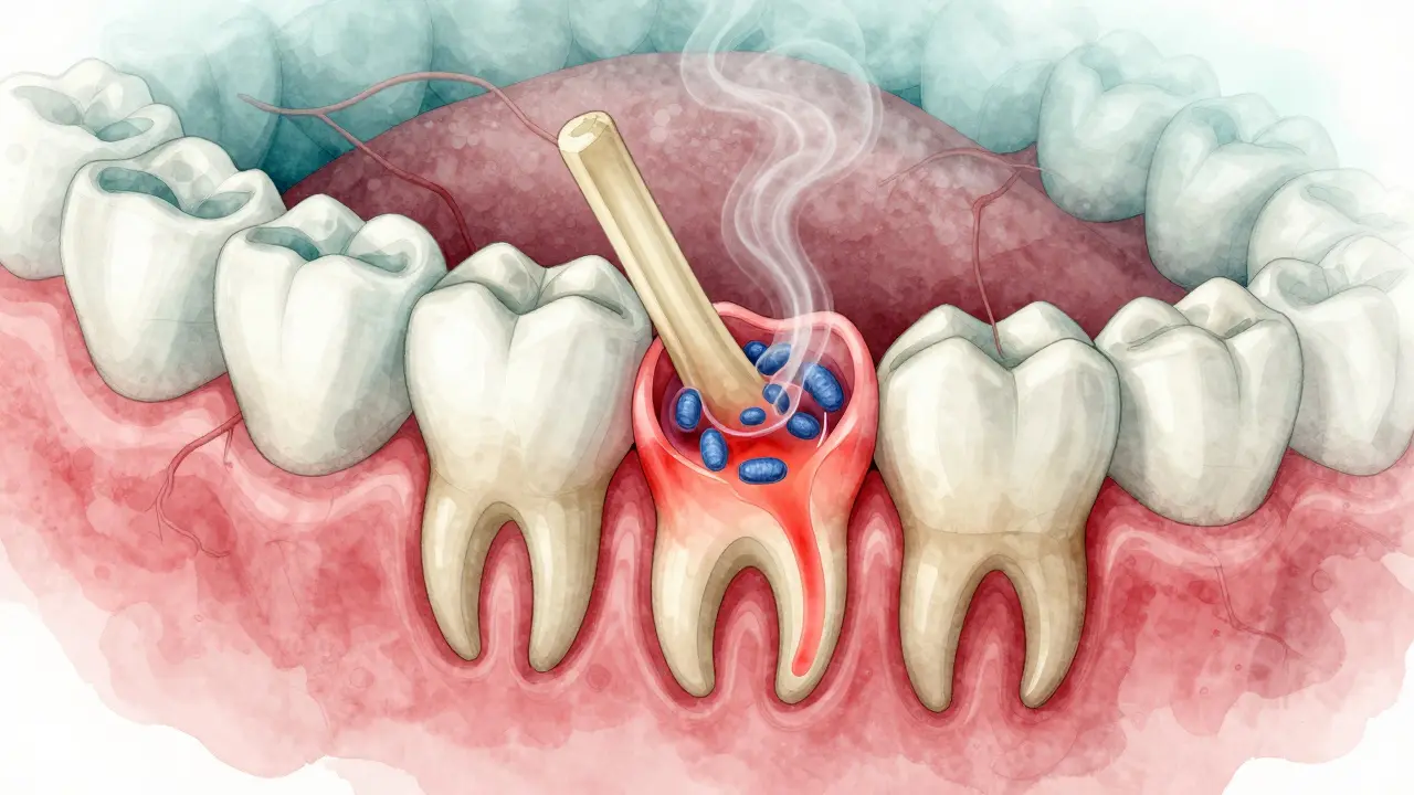 Průřez čelistí ukazující impaktovanou osmičku tlačící na sousední zub.