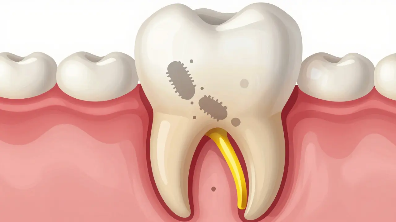 Průřez zubu s odstraněnou infikovanou pultovou tkání a vyplněním gutta-perchou.
