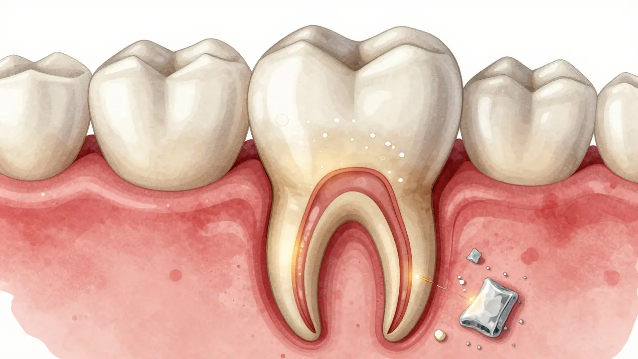 Průřez zubu s viditelným poškozením skloviny a plakem kolem zbytku rovnátka.